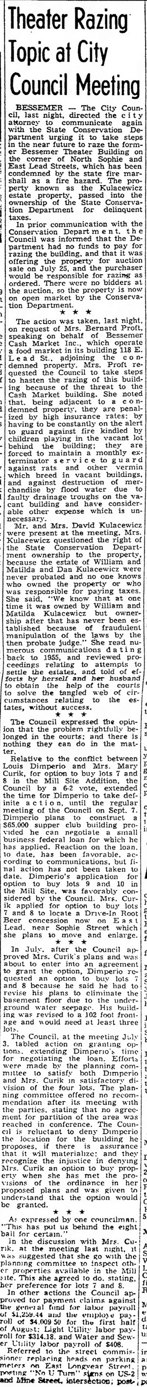 Bessemer Theater - Aug 22 1961 Article On Razing
